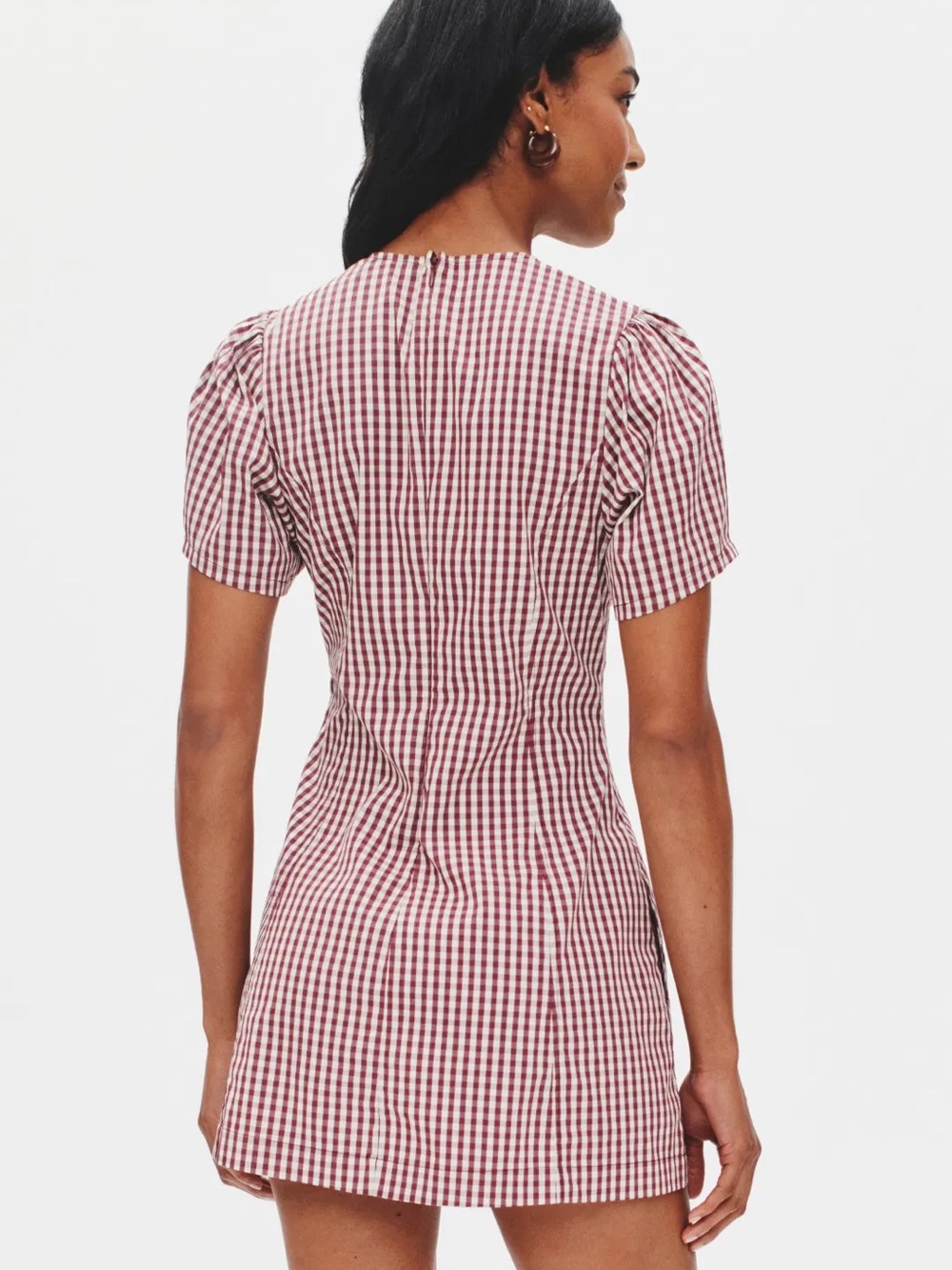 Weworewhat Gingham puff sleeve Short Sleeve Mini Dress in Burgundy NWT - Picture 3 of 3